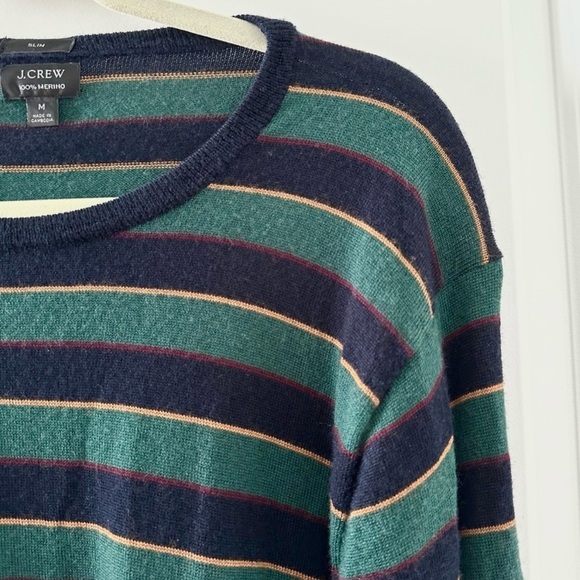 J. Crew Green Blue Striped Crewneck Sweater Merino Wool Men’s Size Medium Slim - Picture 5 of 14